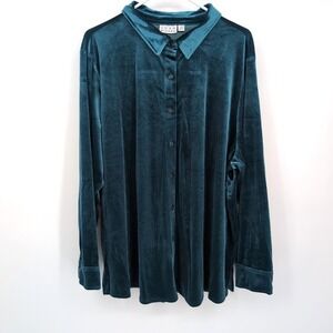 Joan Rivers Button Front Shirt Dark Sea Stretch Velvet Womens‎ 2X